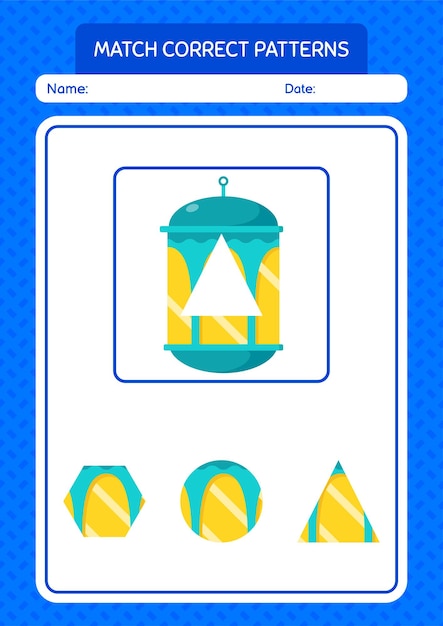 Match pattern game with arabic lantern worksheet for preschool kids kids activity sheet