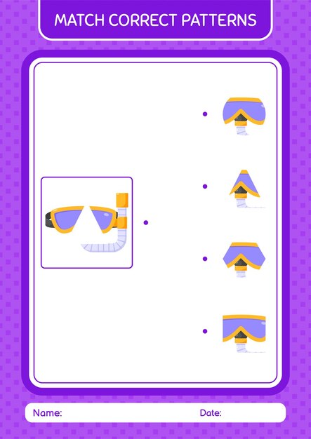 Match pattern game with swimming goggles worksheet for preschool kids kids activity sheet