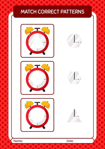 Match pattern game with waker clock worksheet for preschool kids kids activity sheet