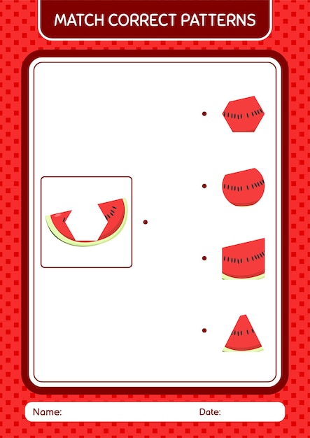 Match pattern game with watermelon worksheet for preschool kids kids activity sheet