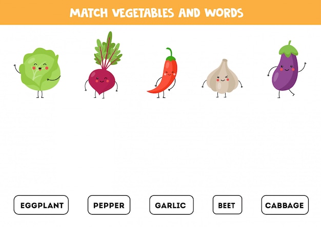 Match pictures of cute kawaii vegetables with the words.