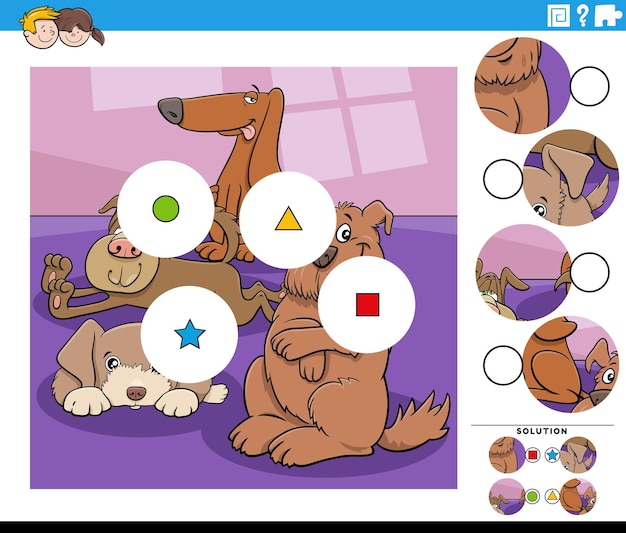 Match pieces game with cartoon dogs animal characters