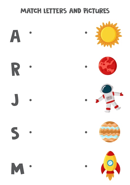 Match space pictures and letters. Educational logical game for kids. Vocabulary worksheet.