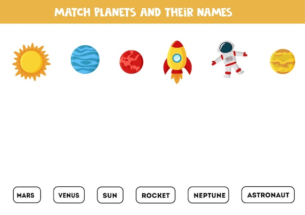 Match space pictures and the written words. Educational game for kids. Reading worksheet for children.