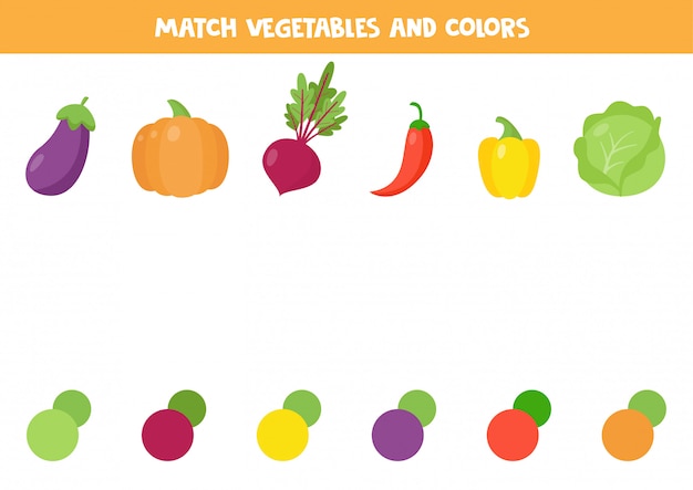 Match vegetable and its color. Cute carton beet, pepper, eggplant, pumpkin, cabbage.