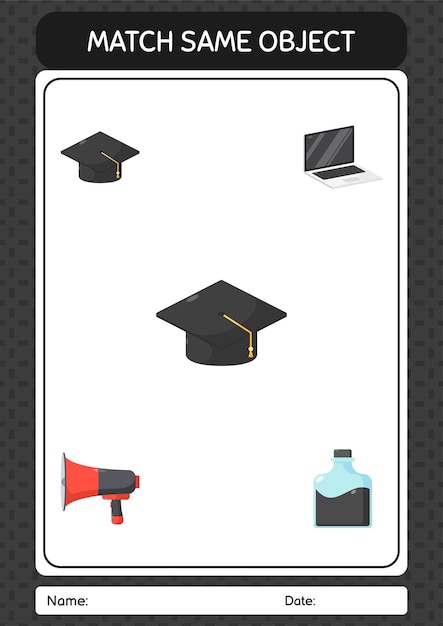 Match with same object game graduation cap worksheet for preschool kids kids activity sheet