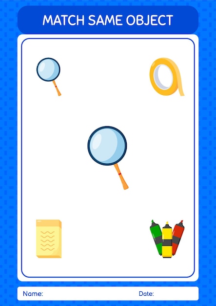 Match with same object game magnifying glass worksheet for preschool kids kids activity sheet