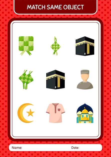 Match with same object game ramadan icon worksheet for preschool kids kids activity sheet