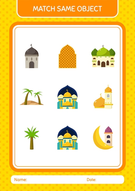 Match with same object game ramadan icon worksheet for preschool kids kids activity sheet