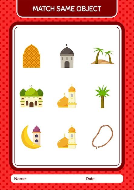 Match with same object game ramadan icon worksheet for preschool kids kids activity sheet