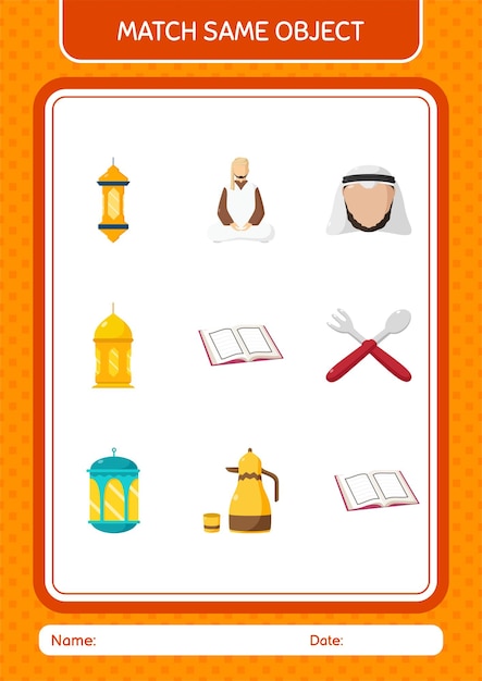 Match with same object game ramadan icon worksheet for preschool kids kids activity sheet