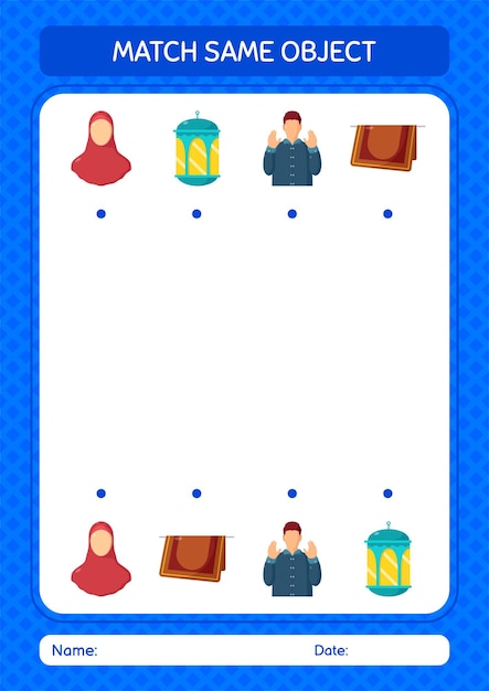 Match with same object game ramadan icon worksheet for preschool kids kids activity sheet