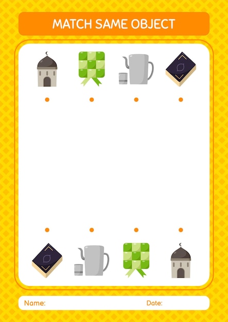 Match with same object game ramadan icon worksheet for preschool kids kids activity sheet