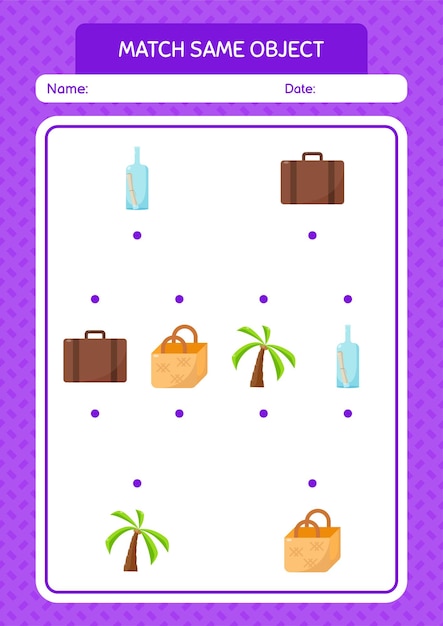 Match with same object game summer icon worksheet for preschool kids kids activity sheet