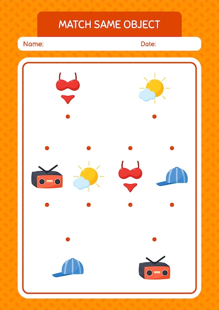 Match with same object game summer icon worksheet for preschool kids kids activity sheet