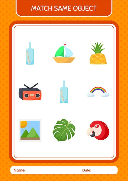 Match with same object game summer icon worksheet for preschool kids kids activity sheet