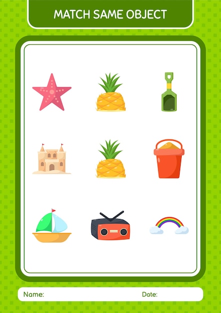 Match with same object game summer icon worksheet for preschool kids kids activity sheet