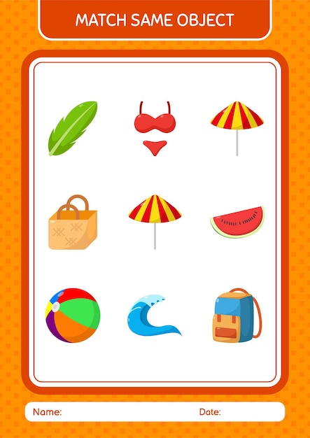 Match with same object game summer icon worksheet for preschool kids kids activity sheet