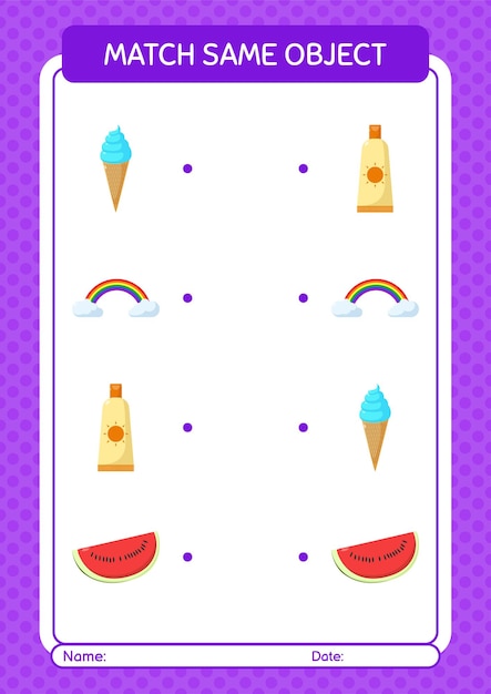 Match with same object game summer icon worksheet for preschool kids kids activity sheet