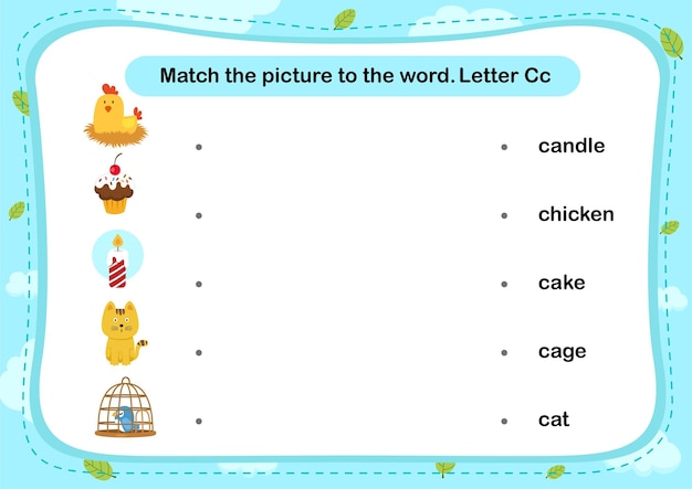 Match words with the correct pictures letter C illustration vector