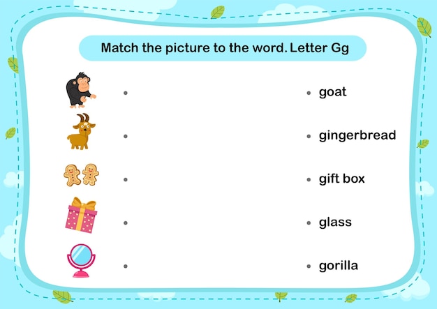 Match words with the correct pictures letter G illustration vector