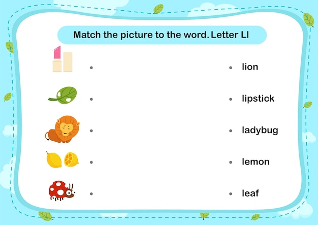 Match words with the correct pictures letter L illustration vector