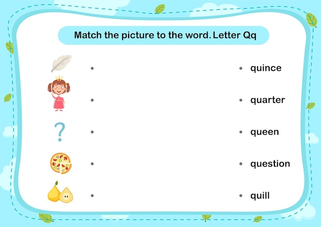 Match words with the correct pictures letter Q illustration vector