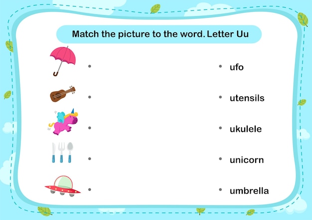 Match words with the correct pictures letter U illustration vector