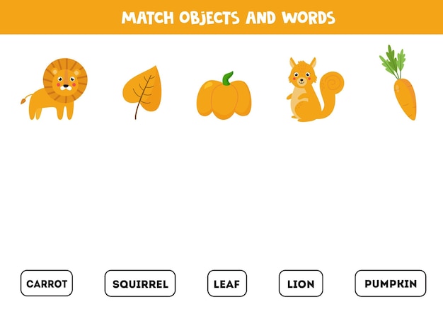 Match written words with yellow colored pictures. Educational spelling game for kids.