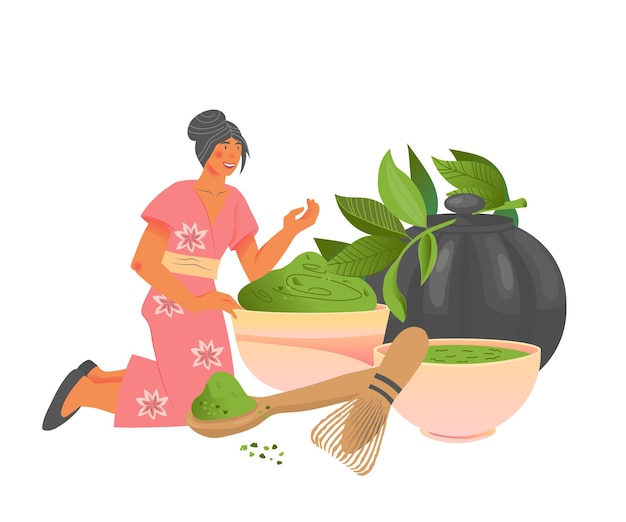 Matcha green tea card or banner background design with tiny woman and huge utensils