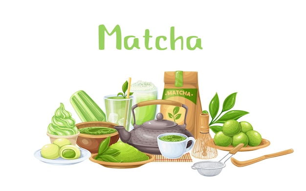 Matcha tea ceremony horizontal banner. Japanese traditional matcha powder green tea, green candy truffles, latte with coconut whipped cream, whisk, bamboo spoon, tea sprig with leaves and ets.