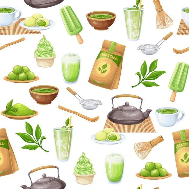 Matcha tea ceremony seamless pattern, vector illustration. Background with Japanese traditional matcha powder green tea, whisk, bamboo spoon, green candy truffles, latte, tea sprig with leaves and ets