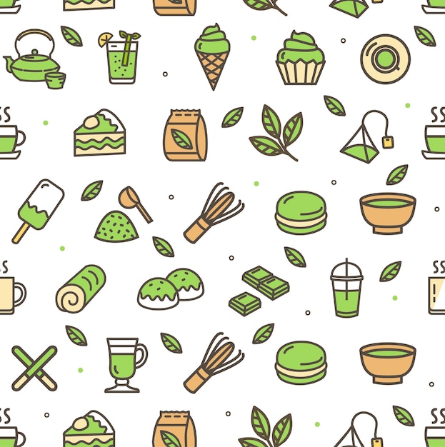 Matcha Tea Color Thin Line Sign Seamless Pattern Background on a White Vector illustration