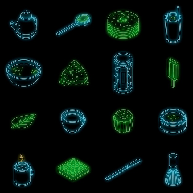 Matcha tea icons set vector neon