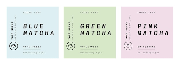 Matcha tea label template set of three isolated on white background