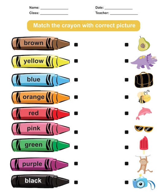 Matching the crayon colours with the images Printable worksheet for kids learning about colours