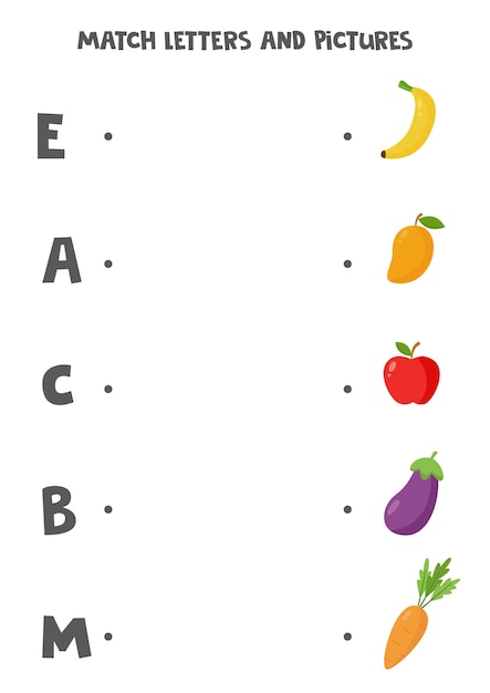 Matching game for kids. Connect picture and letter it starts with. Educational alphabet worksheet for children. Cartoon fruits and vegetables.