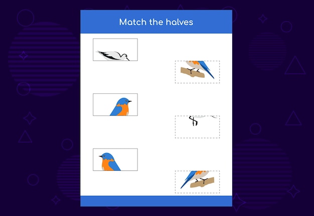 Matching game Match halves of Birds Educational game for children printable worksheet