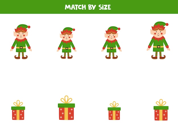 Matching game for preschool kids Match Christmas elves and presents by size