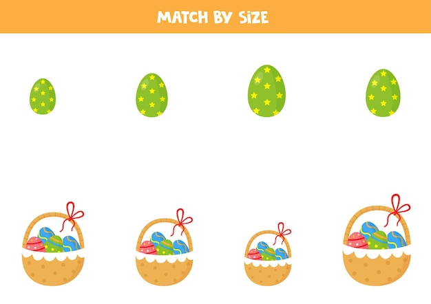 Matching game for preschool kids. Match Easter egg and basket by size.