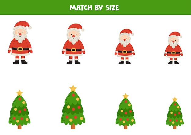 Matching game for preschool kids Match Santa Claus and Christmas trees by size