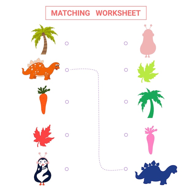 Matching worksheet with cartoon dinosaur palm tree carrot leaf and penguin for children