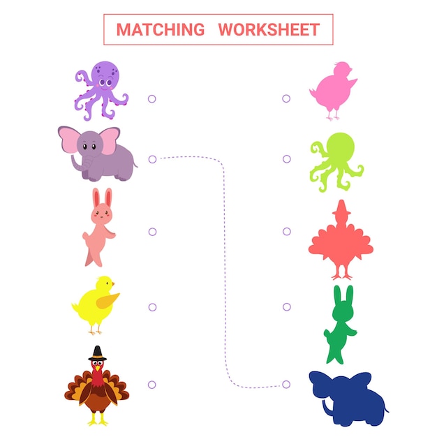 Matching worksheet with cartoon octopus elephant chicken hare and turkey for children