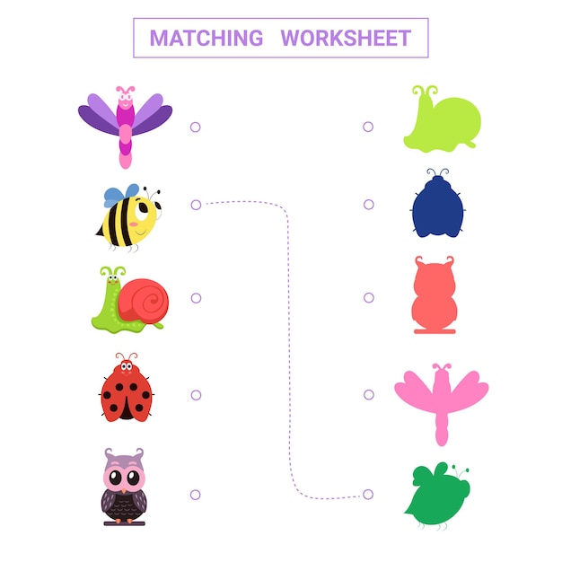 Matching worksheetEducational card with cartoon beeowlsnailladybug and dragonfly for children