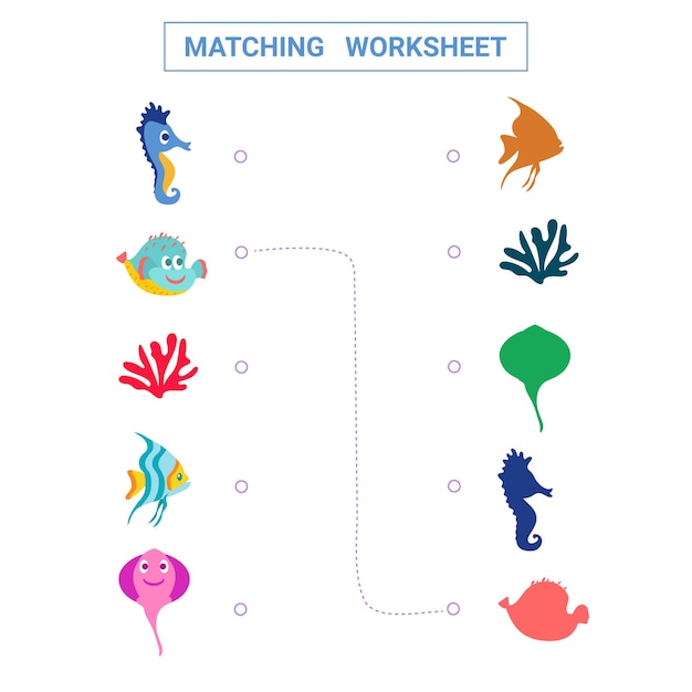 Matching worksheetEducational card with cartoon marine inhabitants for children