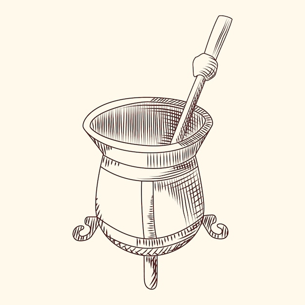 Mate tea engraving style vector illustration. Calabash and bombilla for yerba mate drink on background. Traditional South American drink.