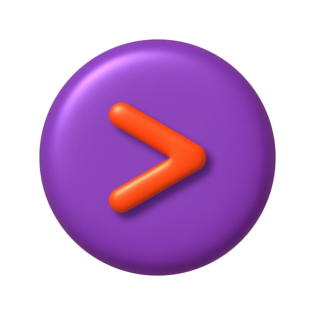 Math 3D icon Orange arithmetic greater than sign on purple round button 3d realistic design element