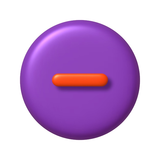 Math 3D icon Orange arithmetic minus sign on purple round button 3d realistic design element