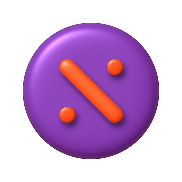 Math 3D icon Orange percent sign on purple round button 3d realistic design element