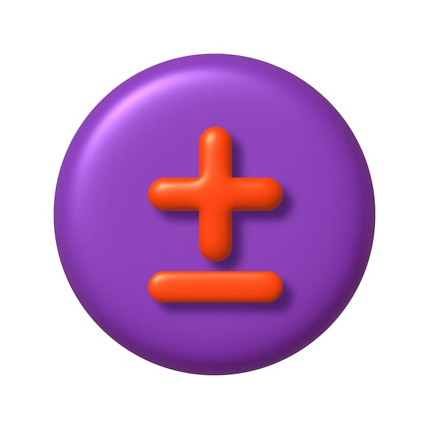 Math 3D icon Orange plus and minus signs on purple round button 3d realistic design element